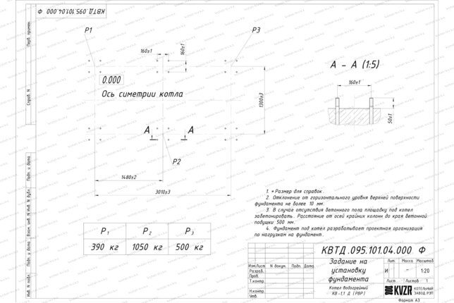 Чертеж фундамента котла на дровах 1.1 МВт с ОУР